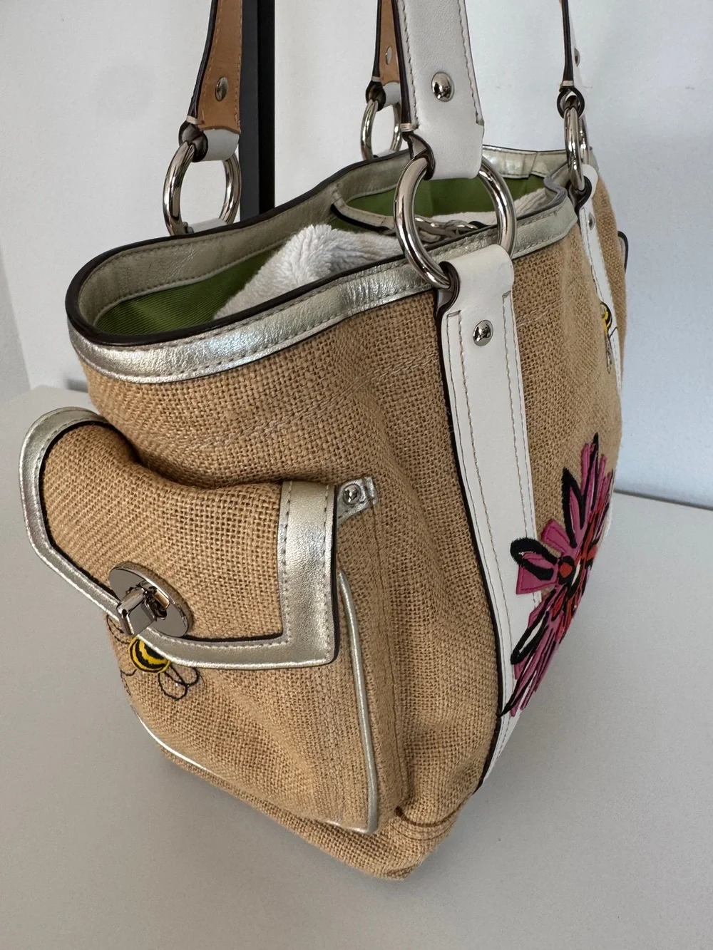 Coach Limited Edition Bumble Bee Floral Tote with White Trim and Green Interior